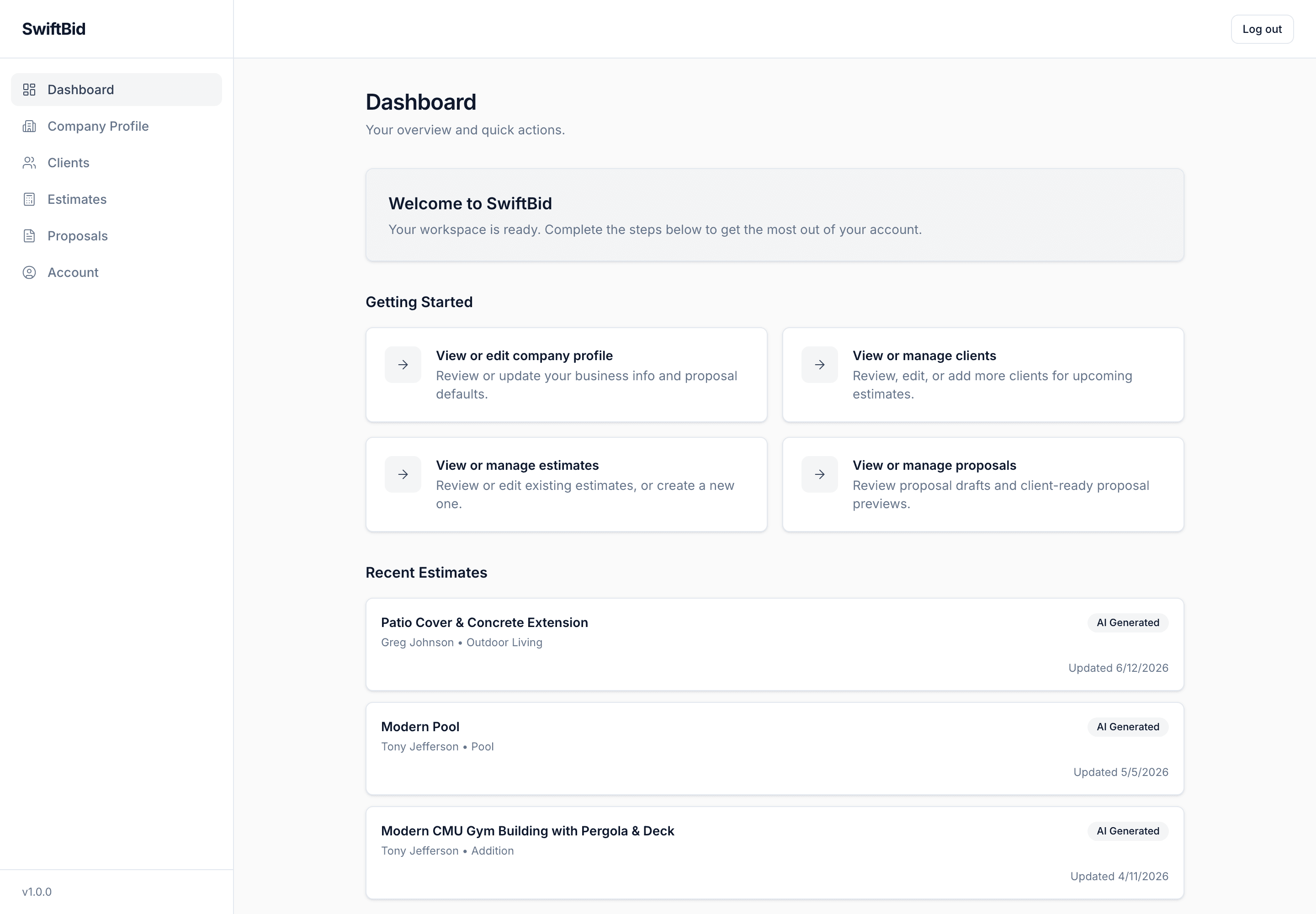 SwiftBid dashboard showing recent estimates, clients, and quick actions in one workspace