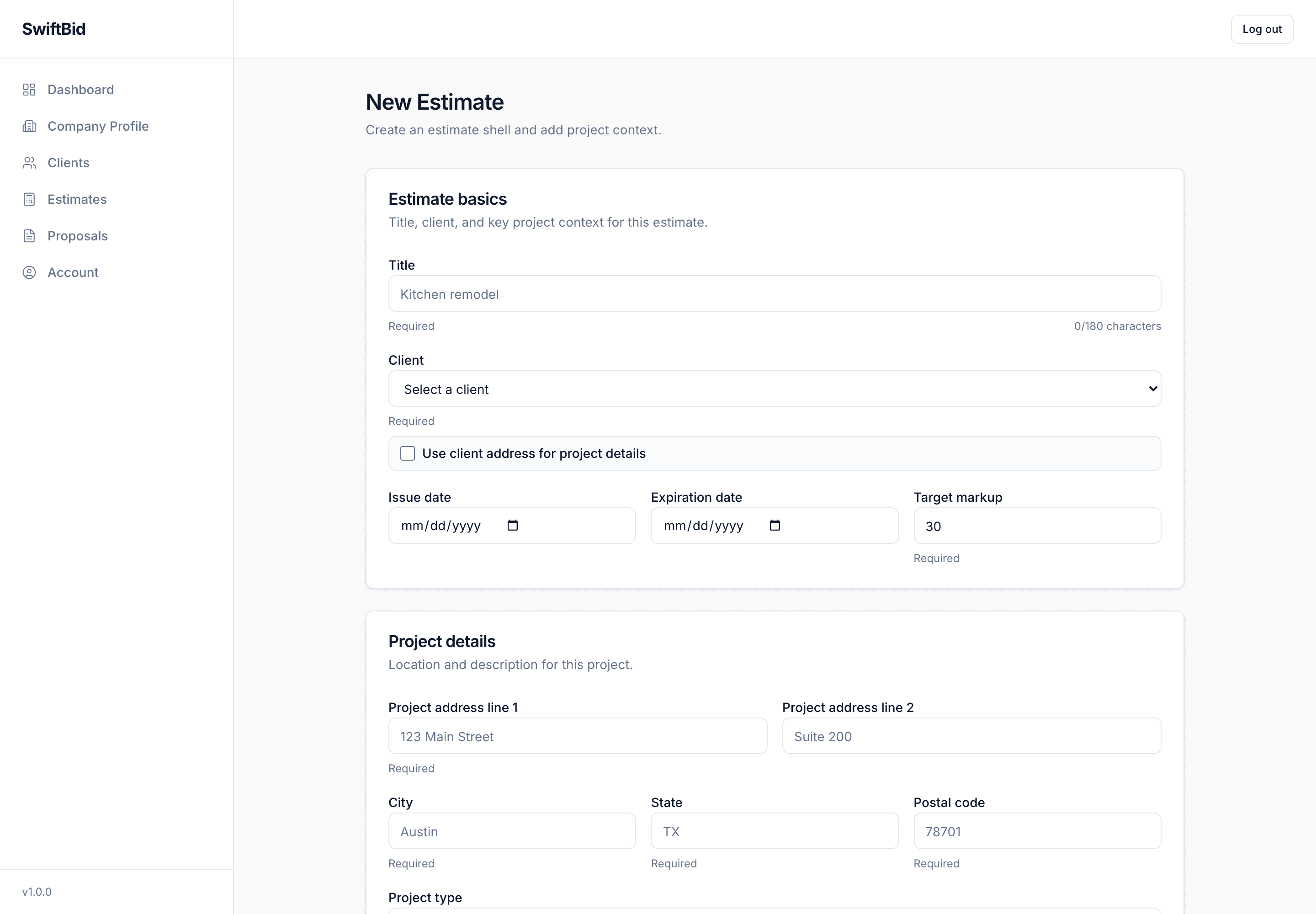 SwiftBid create estimate form with project description, dimensions, included items, assumptions, exclusions, and target markup