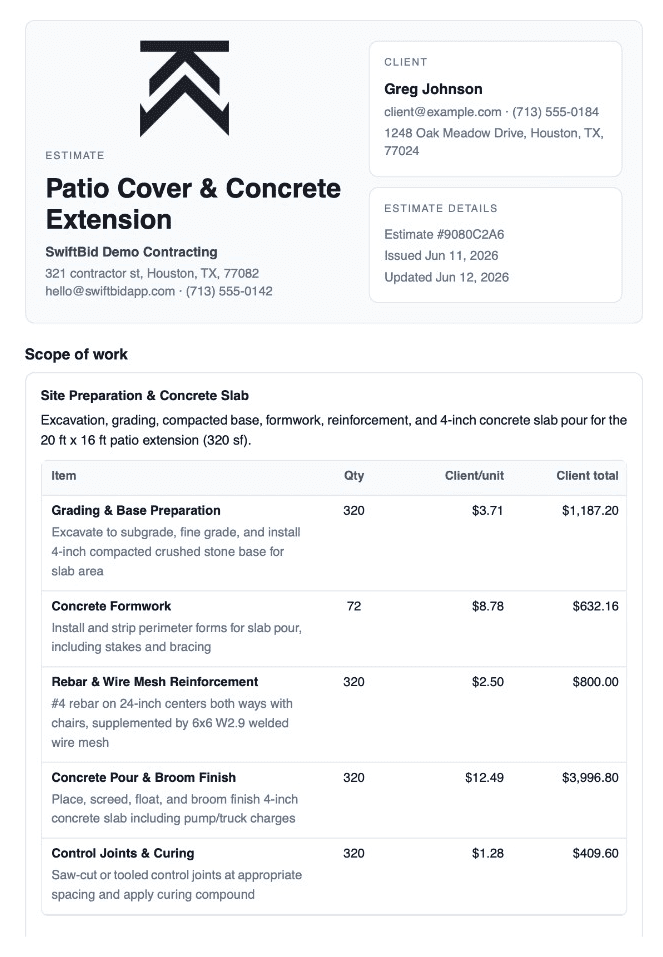 Generated SwiftBid estimate PDF with company branding, client details, and a scope of work table with line item quantities and client pricing