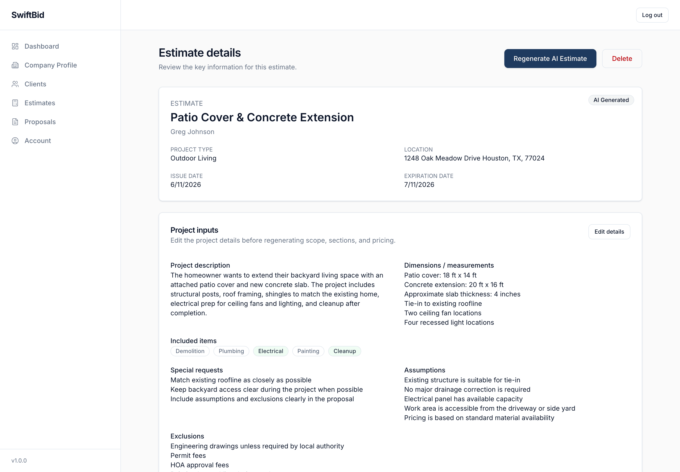 SwiftBid estimate detail page showing an AI-generated estimate with sections, line items, and totals