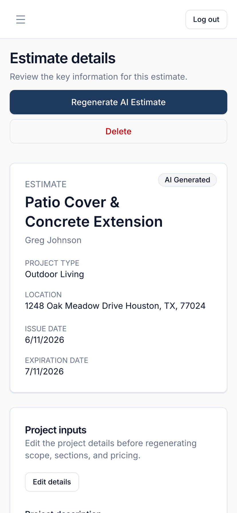 SwiftBid estimate detail on a mobile phone, with sections and pricing visible