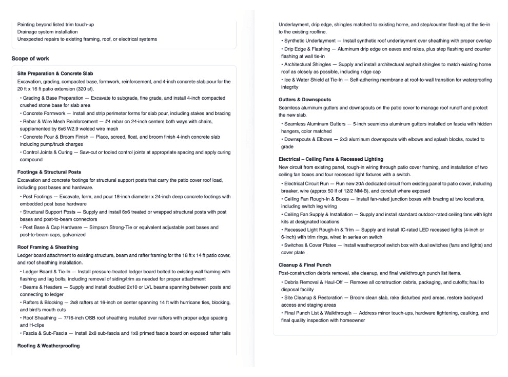Generated SwiftBid proposal PDF pages showing the detailed scope of work with organized sections
