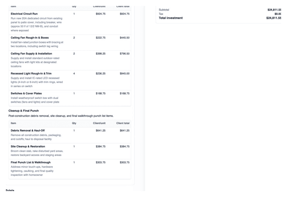 Generated SwiftBid proposal PDF pages showing itemized pricing tables and the total investment summary